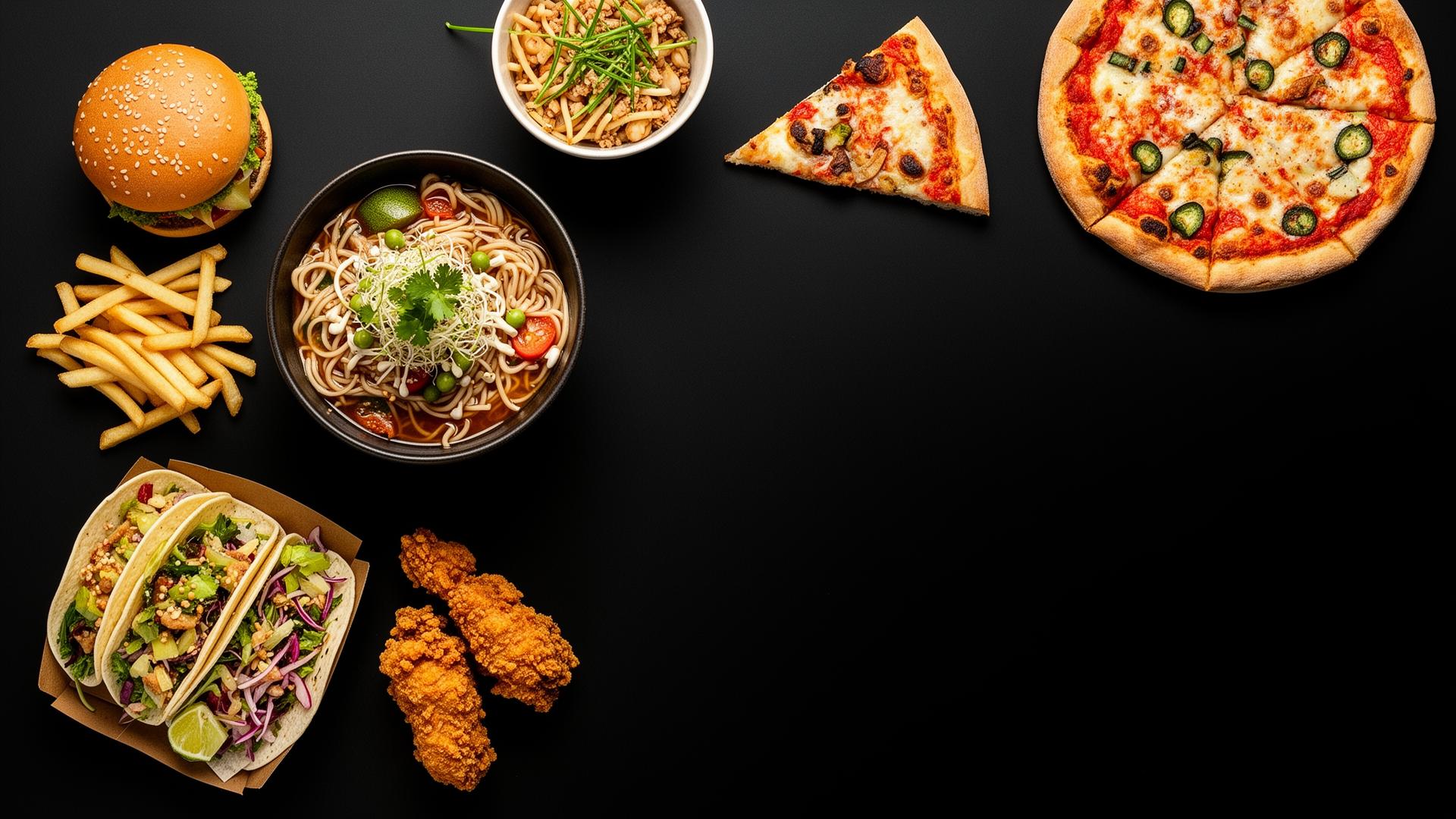 Delivery food spread — burgers, pizza, ramen, tacos