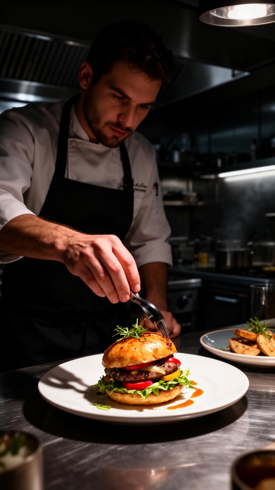 Chef plating in a working restaurant kitchen
